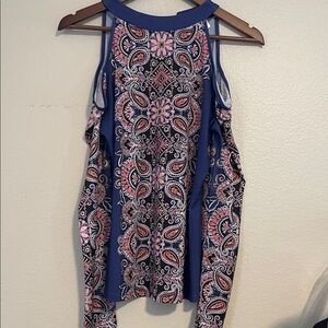 VENUS Blue Paisley Cold-Shoulder Top with Pink Accents
